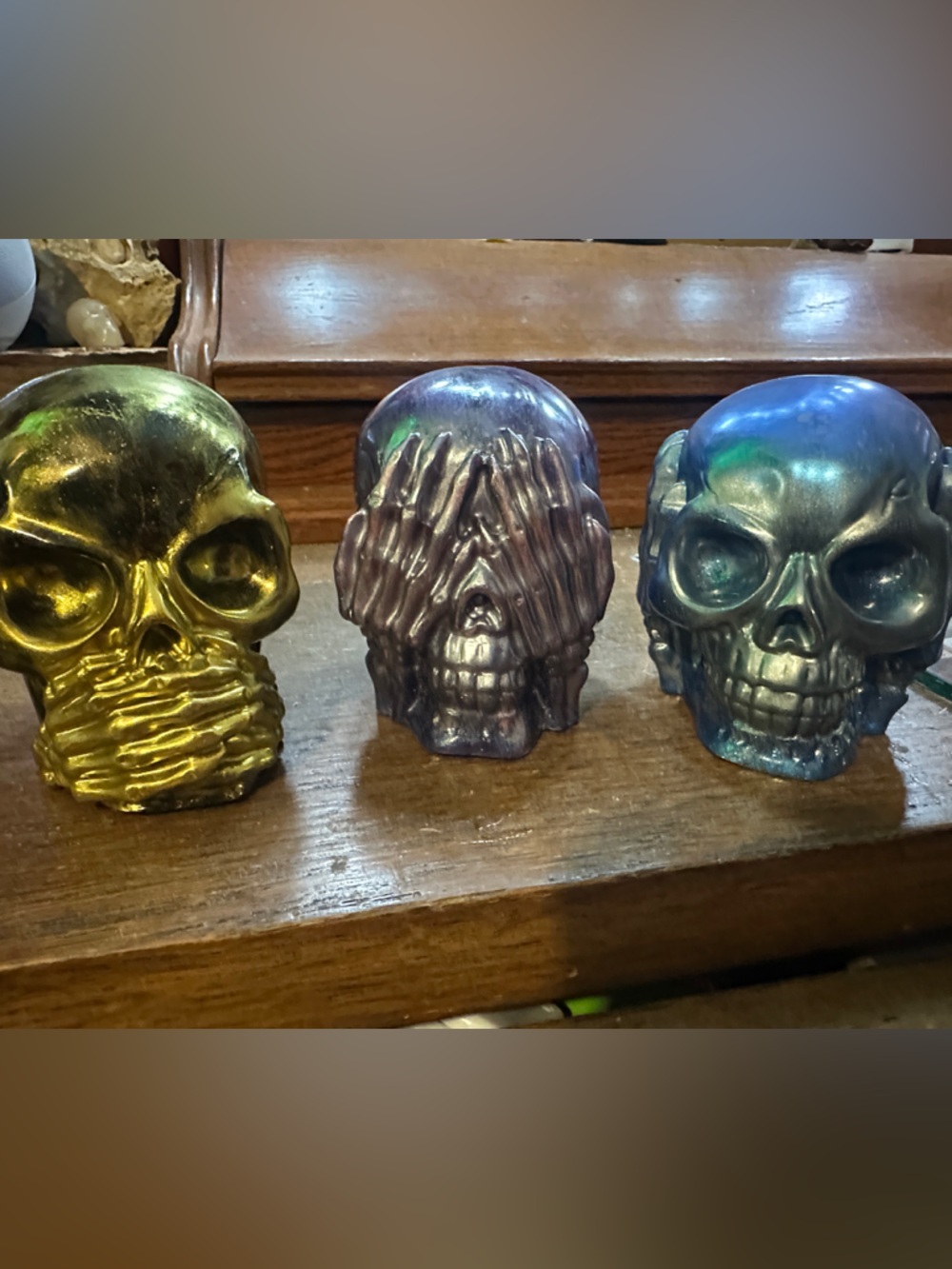 “Hear no, see no, speak no” custom resin skulls